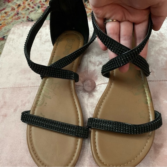 Black Patent and Beaded X-Strap Sandals, Zipper in back size 9 - Picture 1 of 4